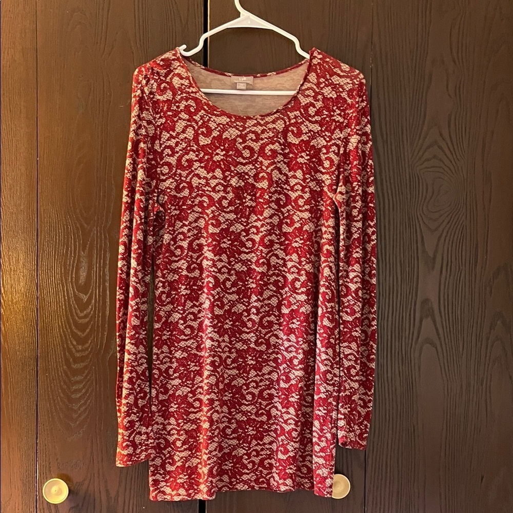 J Jill long sleeved, mini red and tan dress. Size XSP.